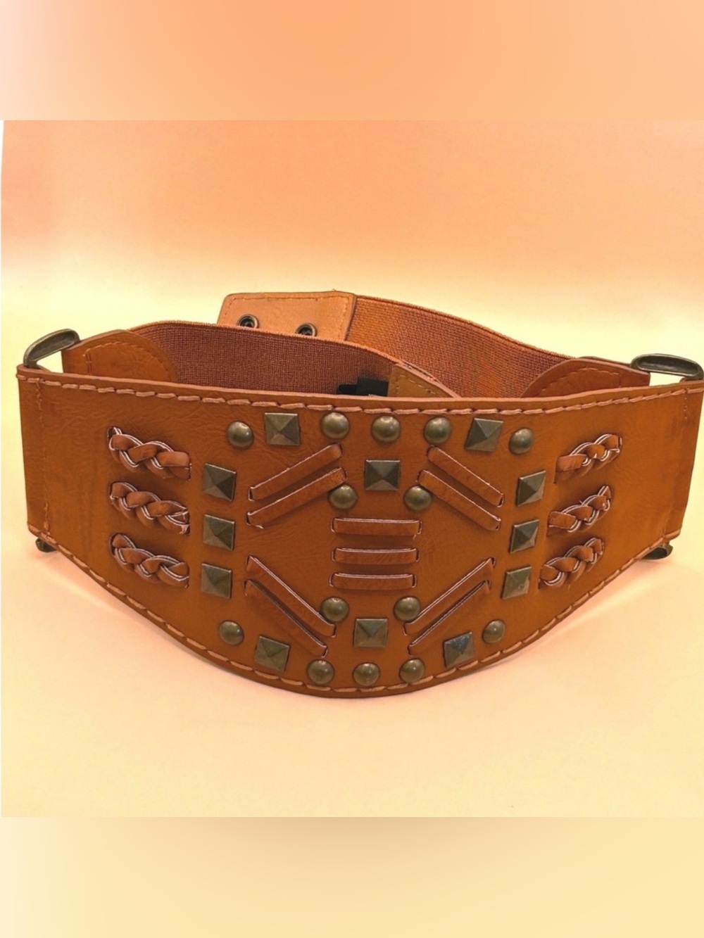 Bebe Y2K Wide Waist Belt Cognac Brown Studded Woven Elastic Corset Belt M/L
